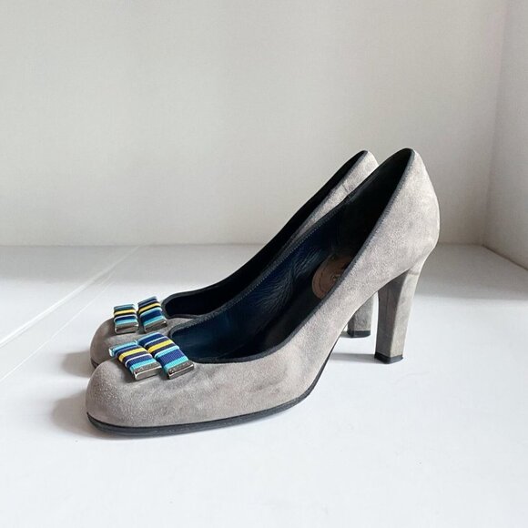 Celine Grey Suede Web Stripe Detail Round Toe High Heels 38  Italy - Picture 6 of 13